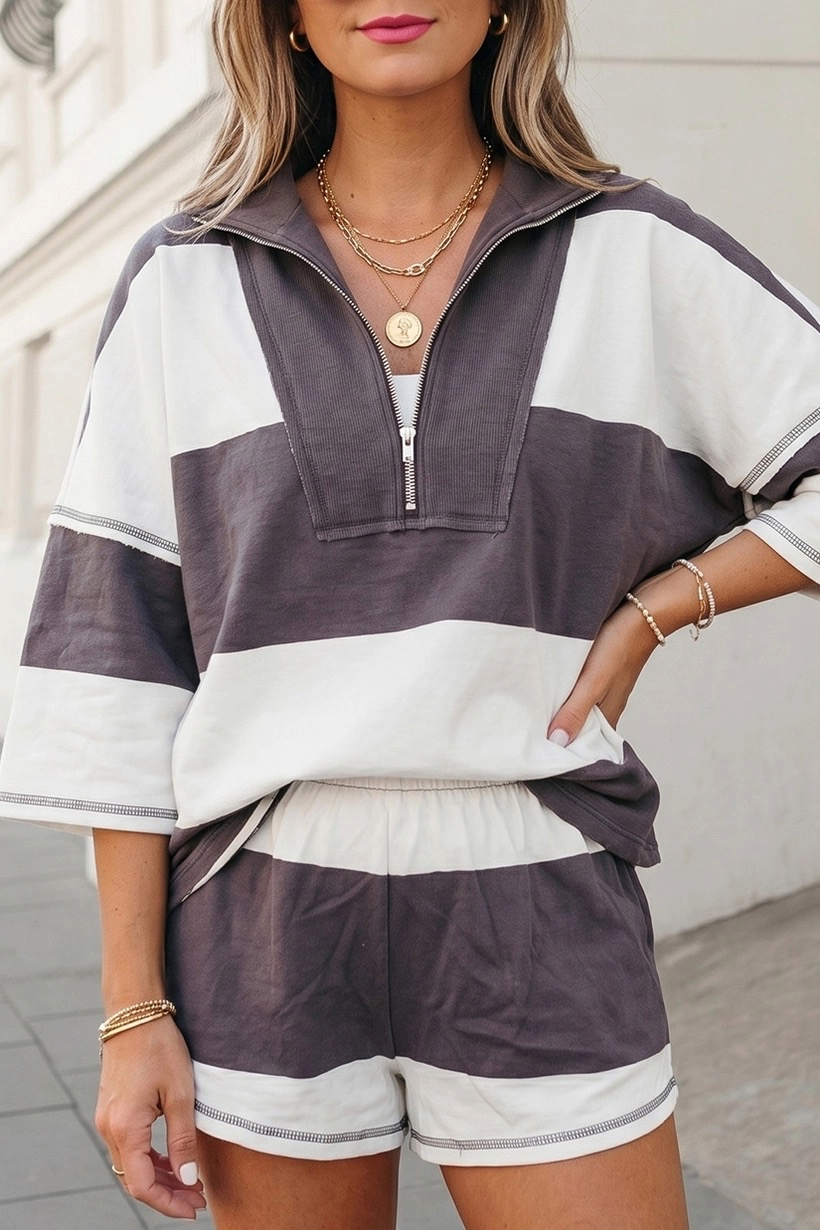 Blaire Colorblock Half-Zip Shorts Set