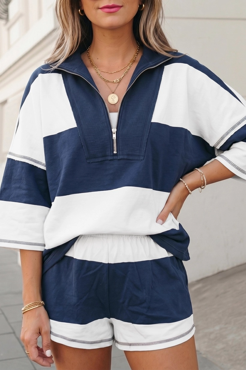 Blaire Colorblock Half-Zip Shorts Set